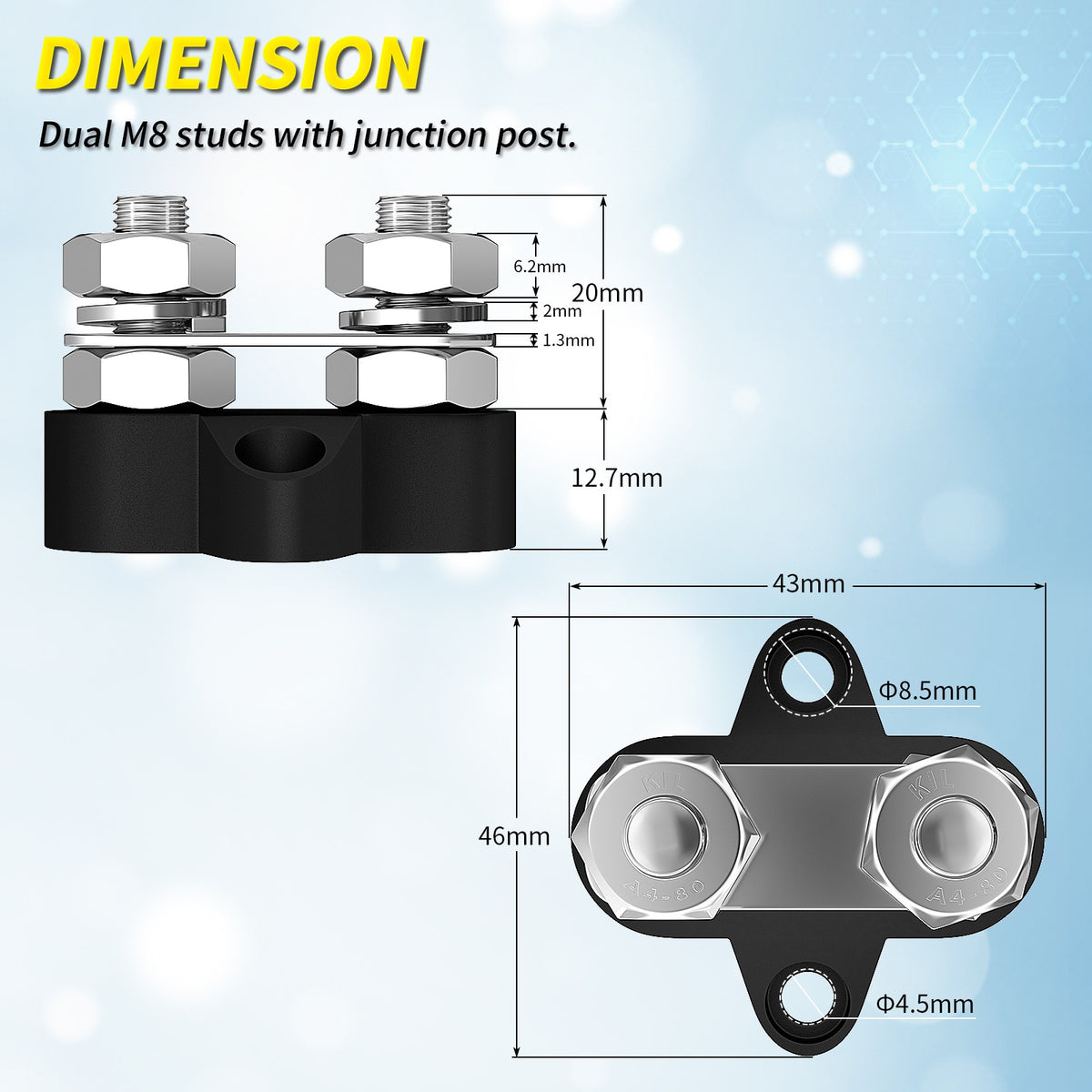 Barre omnibus SSS-BUSBAR-250A avec 4 goujons M8 et 3 vis n°10 12 V-48 V