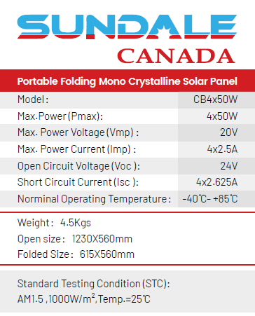 SunDale Canada Portable & Foldable 200W Solar Panel 4 x 50W KIT with IP65 20A Charge Controller & Cable Accessories