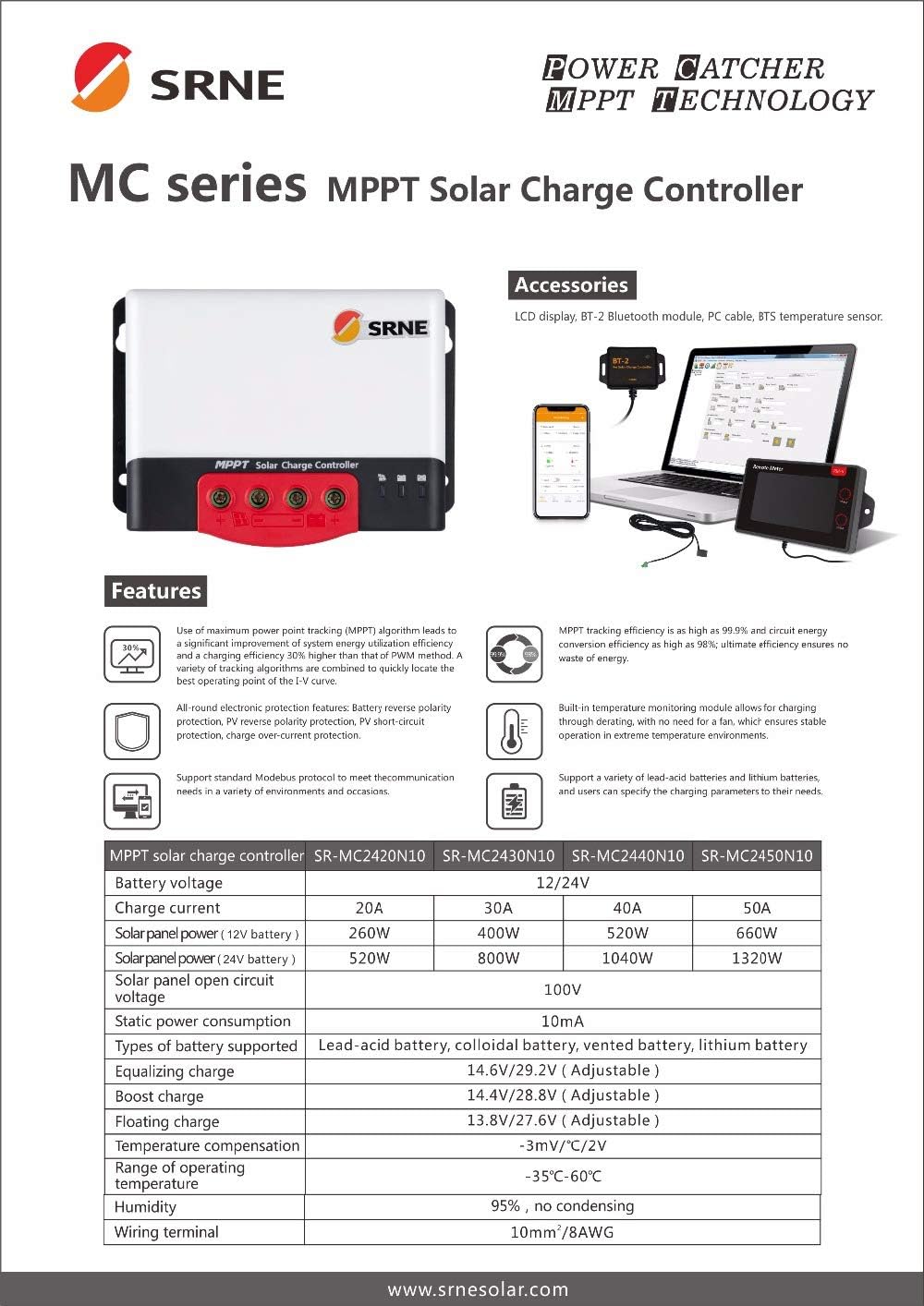 Contrôleur de charge MPPT SRNE 30A, certifié IP32, pour système de batterie 12/24 V