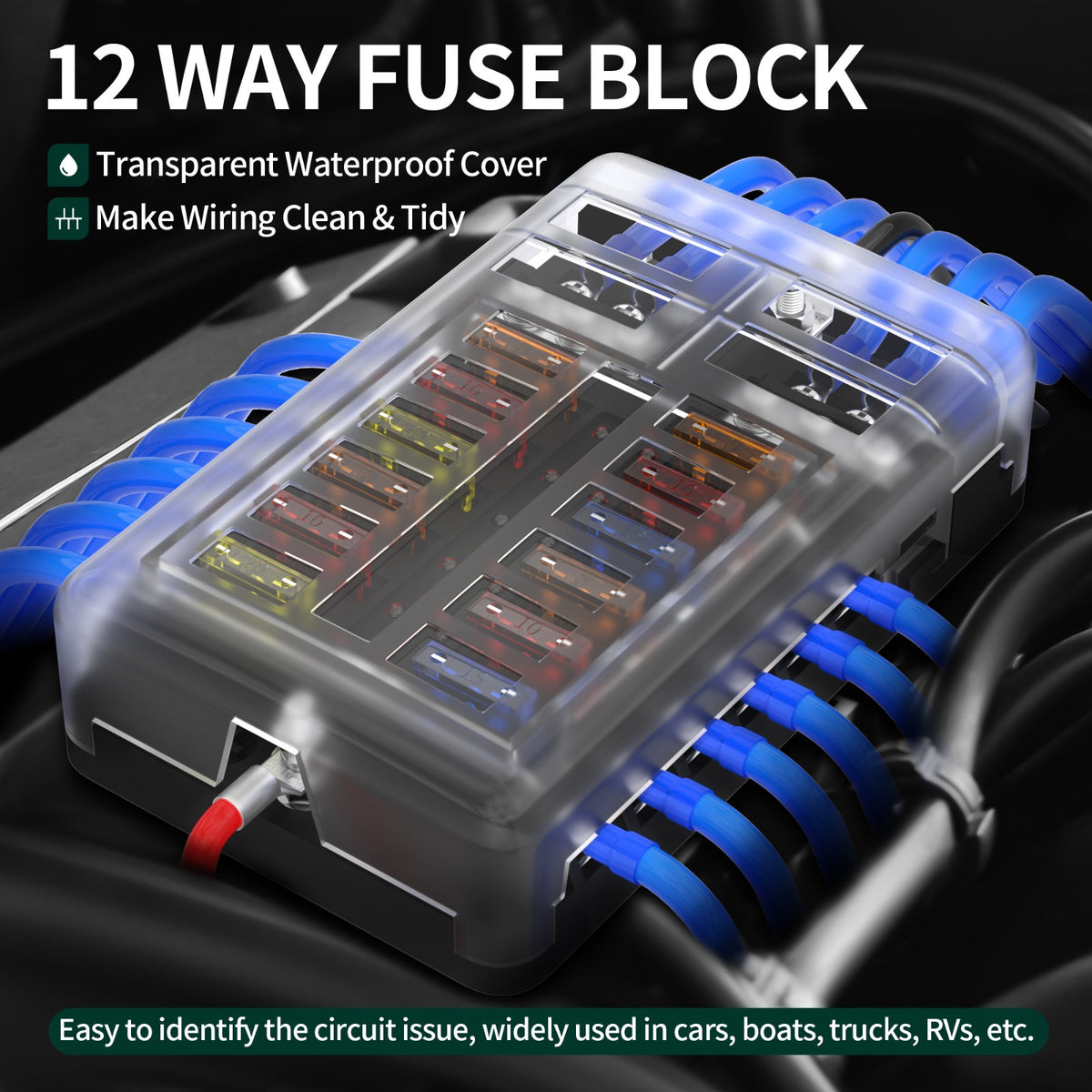 Solar Super Store 12-Way Marine Fuse Box – Blade Fuse Holder with Protective Cover
