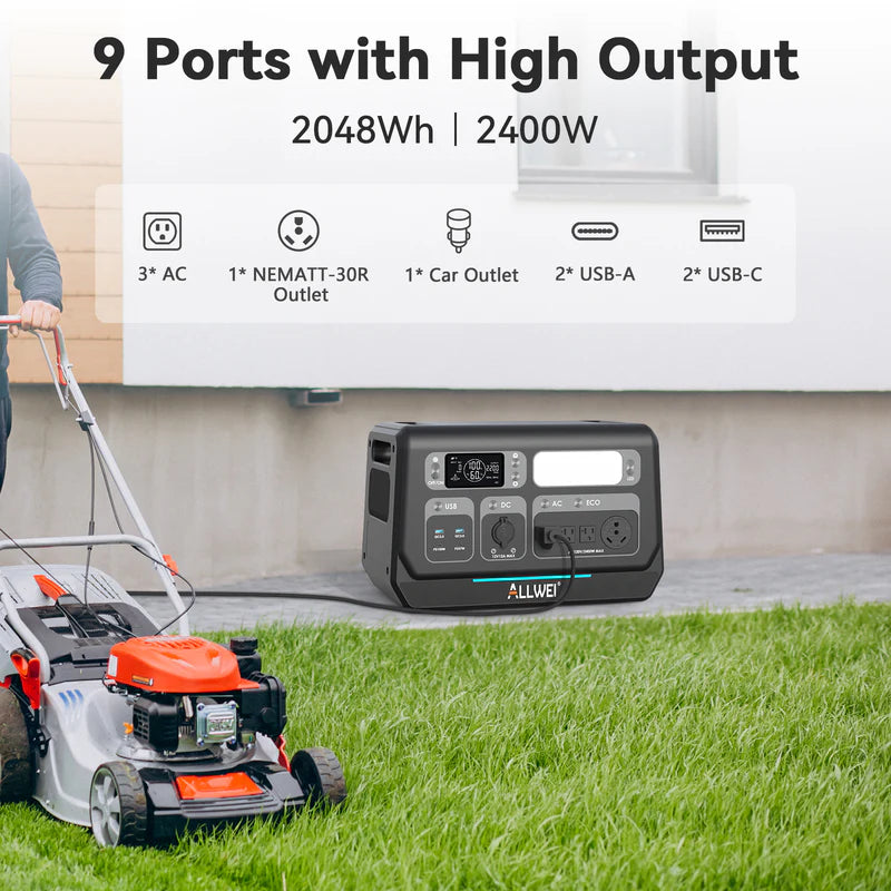 Centrale électrique portable ALLWEI | Onduleur 2400 W | Stockage sur batterie 2048 Wh | Entrée photovoltaïque 1200 W 