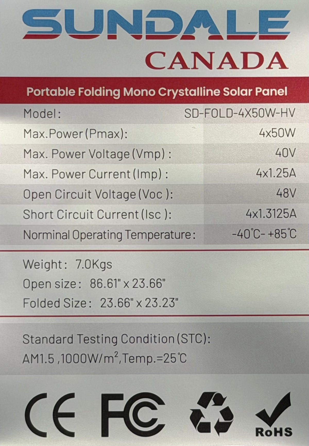 SunDale Canada Portable & Foldable 200W (4 x 50W) Solar Panel 86"x24" HV (40v)