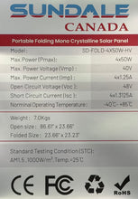 Charger l'image dans la galerie, Panneau solaire portable et pliable SunDale Canada 200W (4 x 50W) 86"x24"
