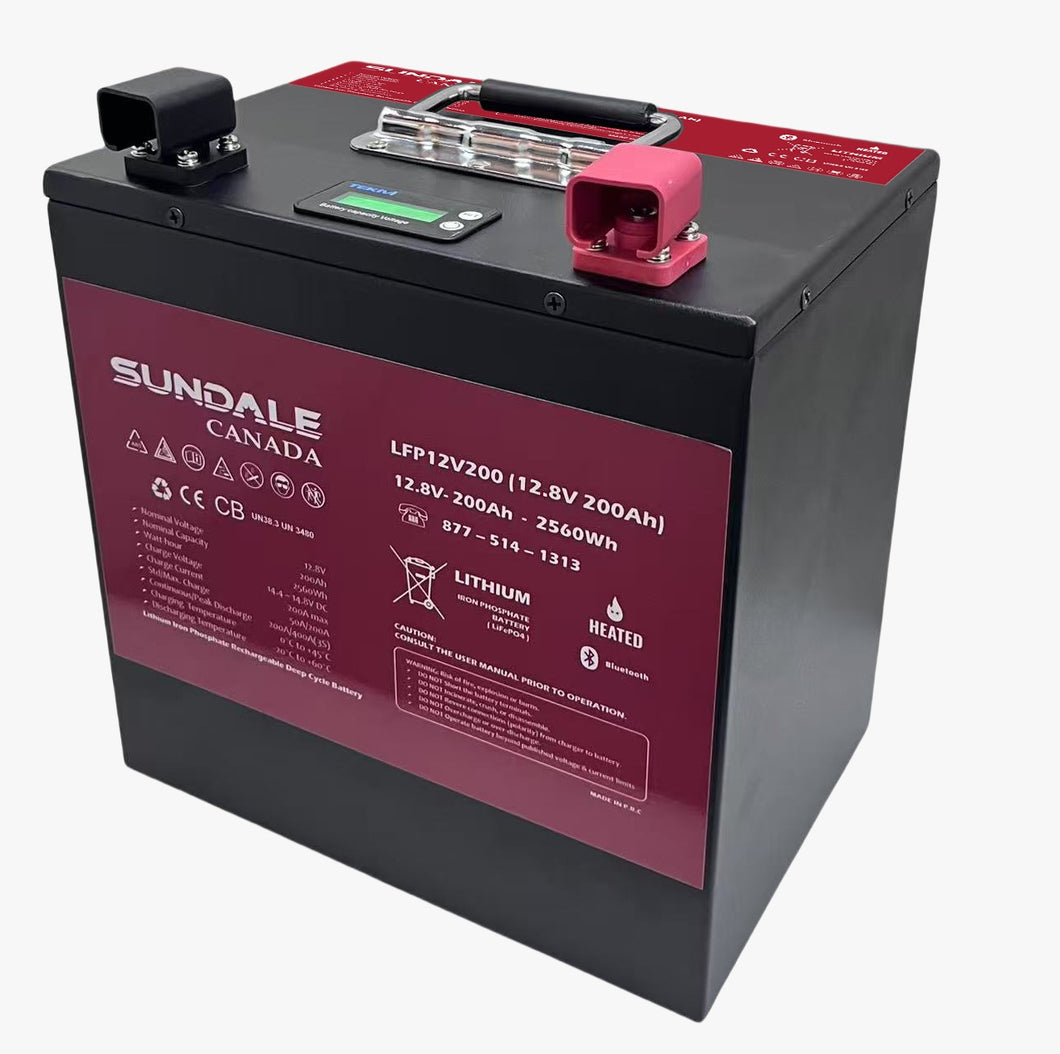 SunDale Canada HEATED 12V x 200Ah Lithium Iron Phosphate (LiFePO4) Battery GC2 Size