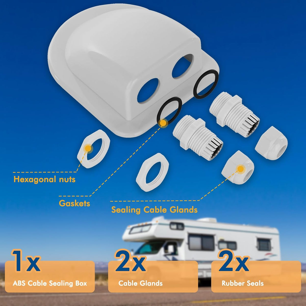 Presse-étoupe double entrée de câble avec 2 passe-câbles - Étanche IP68 (Blanc ou Noir)
