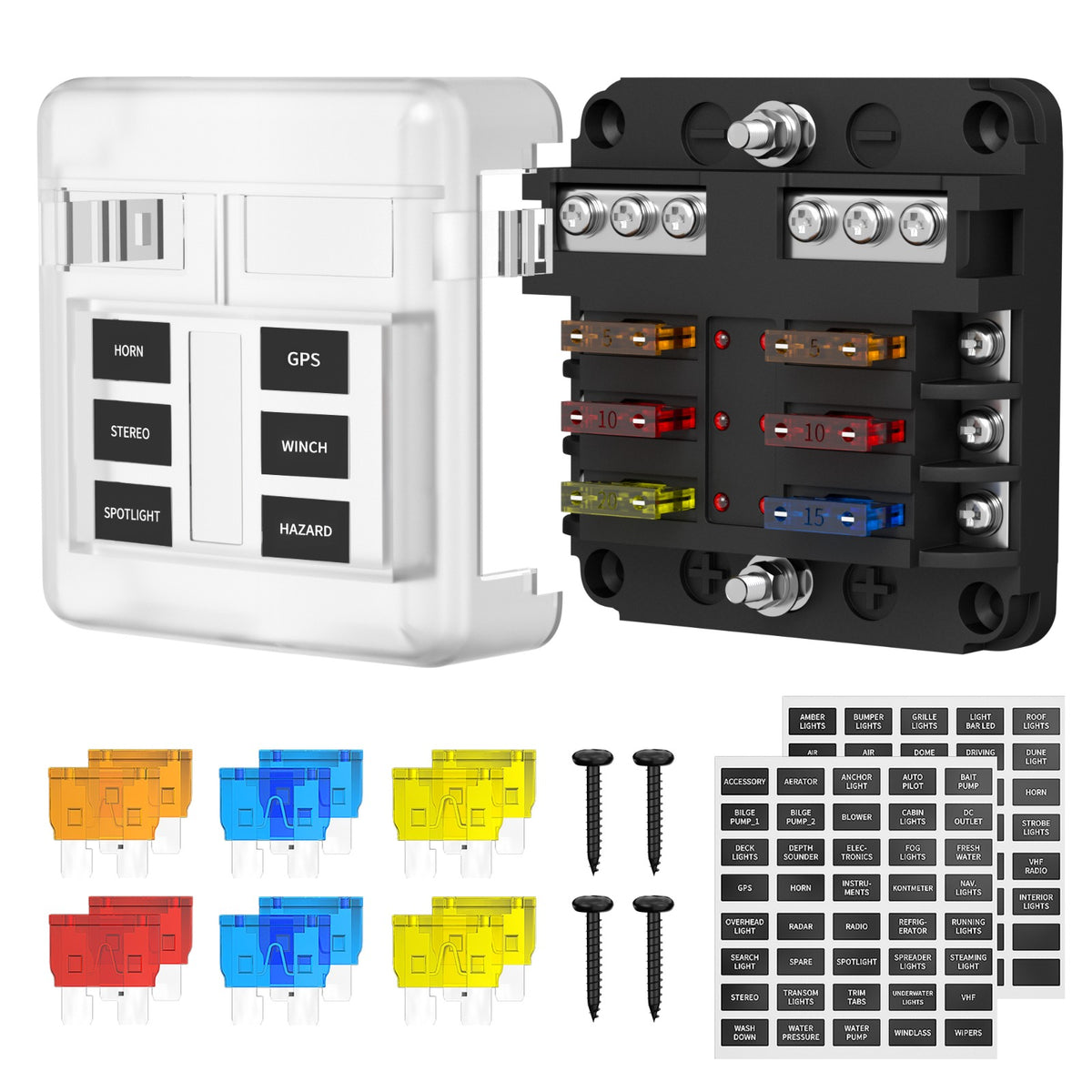 6-Way Marine Fuse Box – Blade Fuse Holder with Protective Cover