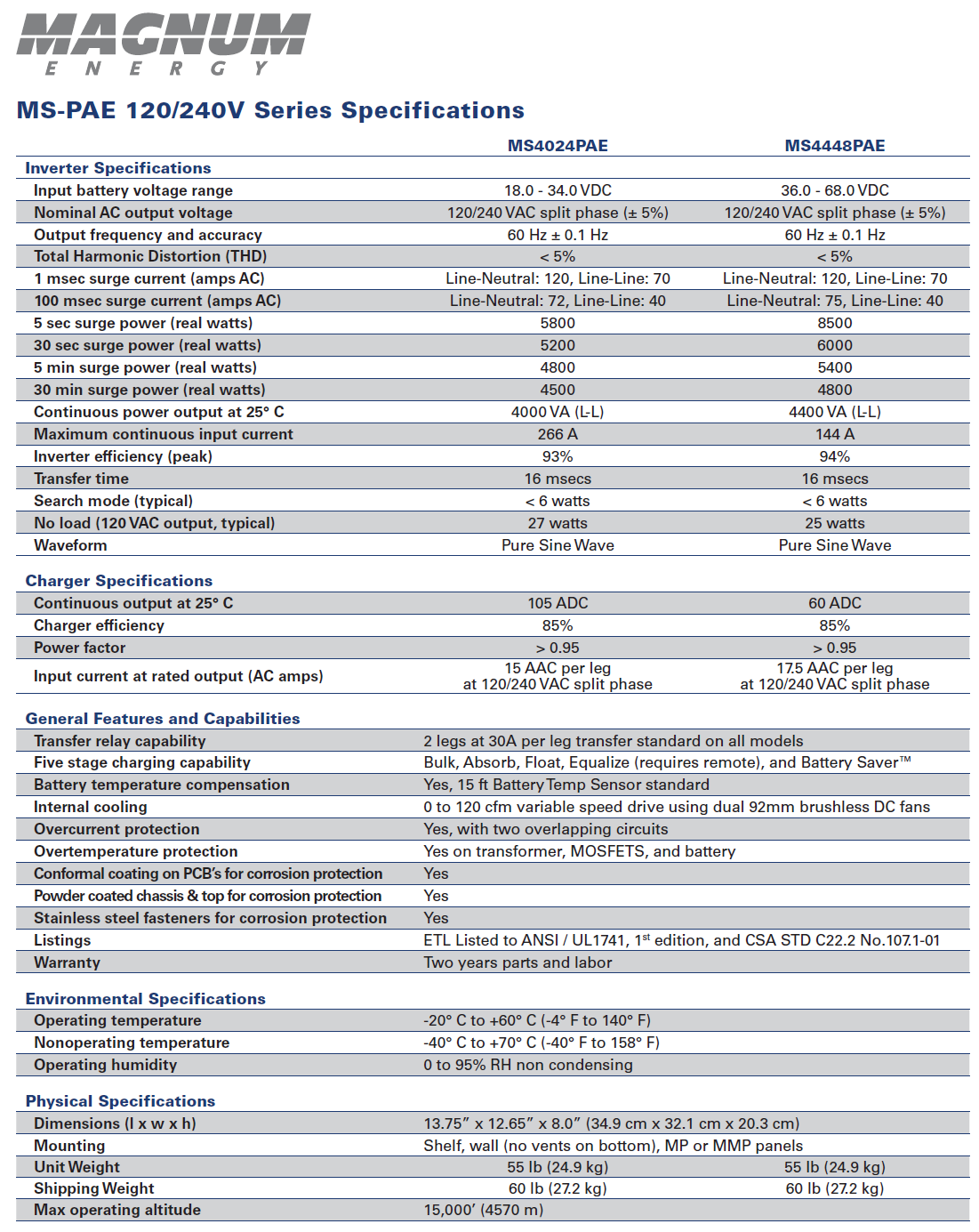 Onduleur/chargeur sinusoïdal pur parallèle Magnum MS4448PAE 